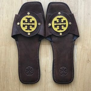 Tory Burch brown logo slides with gold buckle